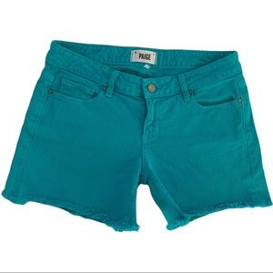 PAIGE Jimmy Jimmy Cutoff Frayed Bright Teal Denim Jean Shorts - SZ 26